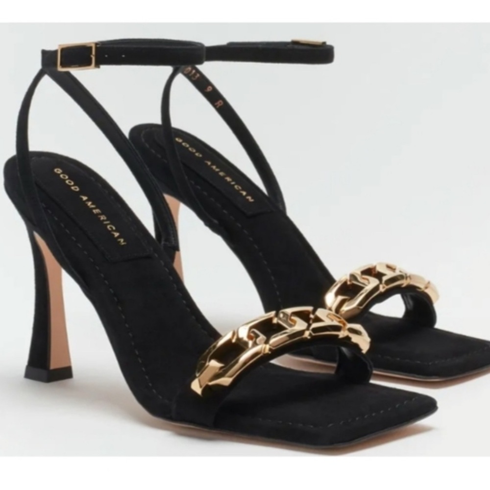 Good American Black and Gold Sculptural Heels